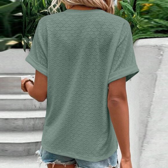 2/$40 Boho Green Button Front Eyelet Short Sleeve Blouse Casual Summer Loose Top - Picture 4 of 5